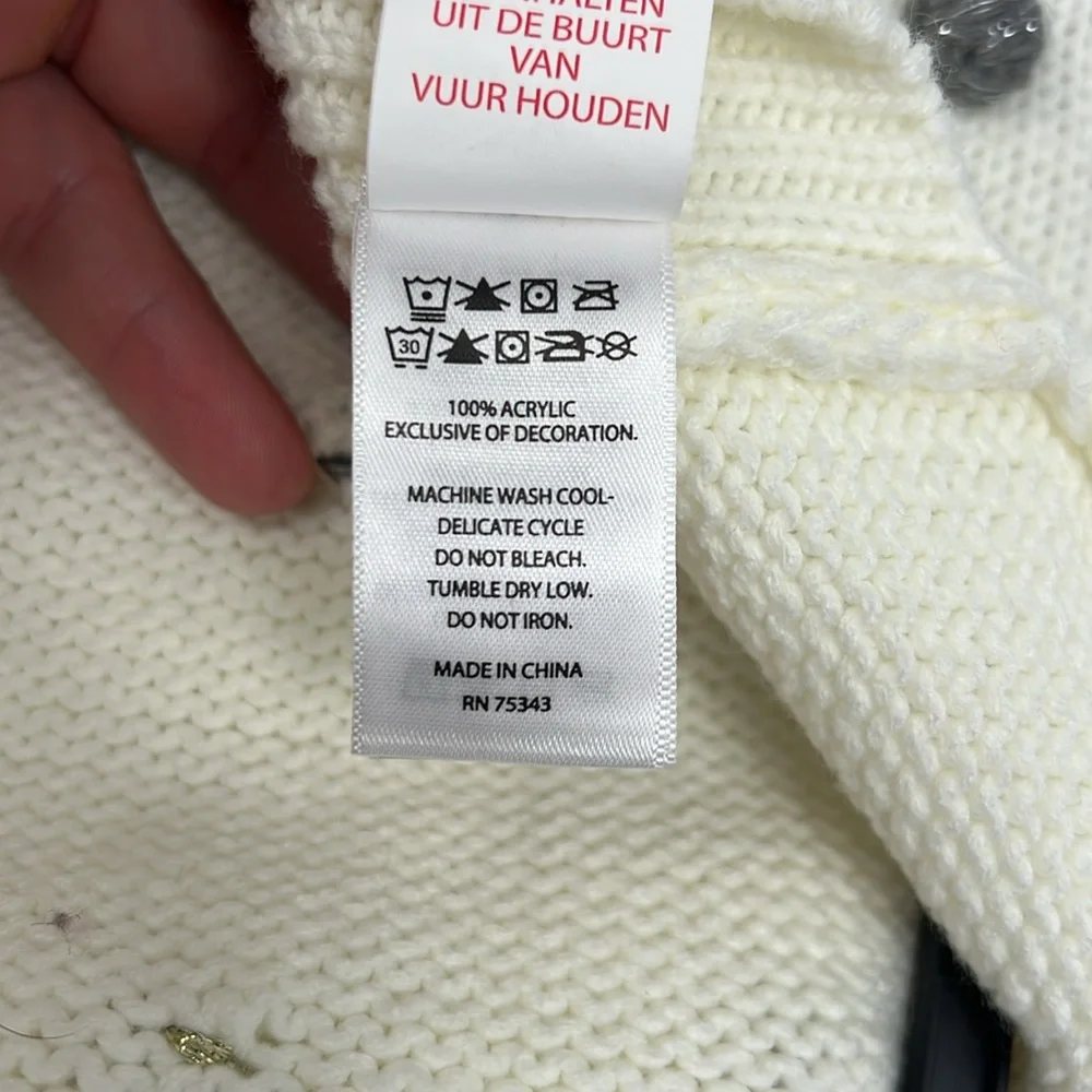 Martha Stewart Cram Ivory‎ Dog Sweater Metallic Pom Pom Hooded Festive Large